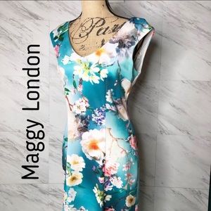Maggy London Teal Floral Print Scuba Sheath Dress